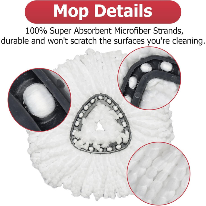 Spin Mop Replacement Head – EasyWring Mop Refill with Base, compatible with O-Cedar Triangle Spin Mop, Microfiber Mop Replacement Head, easy cleaning, floor wiper (white)
