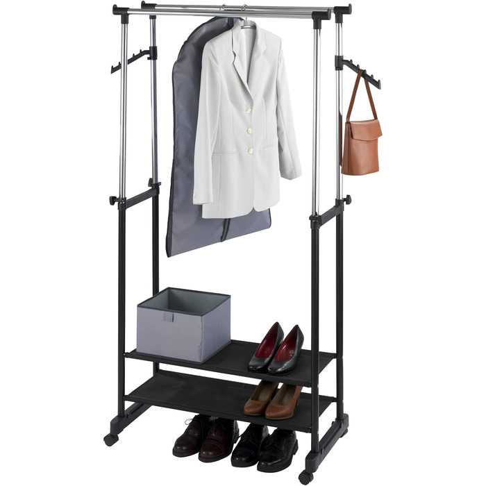 WENKO Clothes Rack Folding, Clothes Storage with Adjustable Clothes Rail and Wheels, Plastic/Metal, 88 x 100-168 x 11-49 cm, Chrome/Grey (169 x 43 x 89.5 cm)