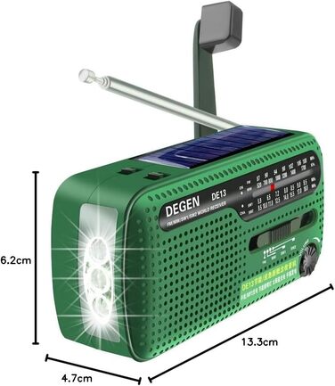 Радіо Degen DE13: портативне сонячне радіо FM/AM/SW з LED-ліхтариком, акумулятором та Powerbank для кемпінгу та надзвичайних ситуацій