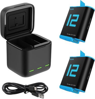TELESIN Акумулятор для GoPro Hero 12/11/10/9 Black + зарядний пристрій на 3 слоти + USB-C кабель