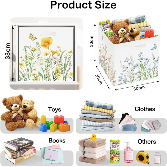 HUUMONSS 30cm Storage Box, 3 Pack, Garden Wildflower Storage Basket, Kids Foldable Spring Butterfly with Handles, Storage Cube Organizer for Toys, Books, Clothes