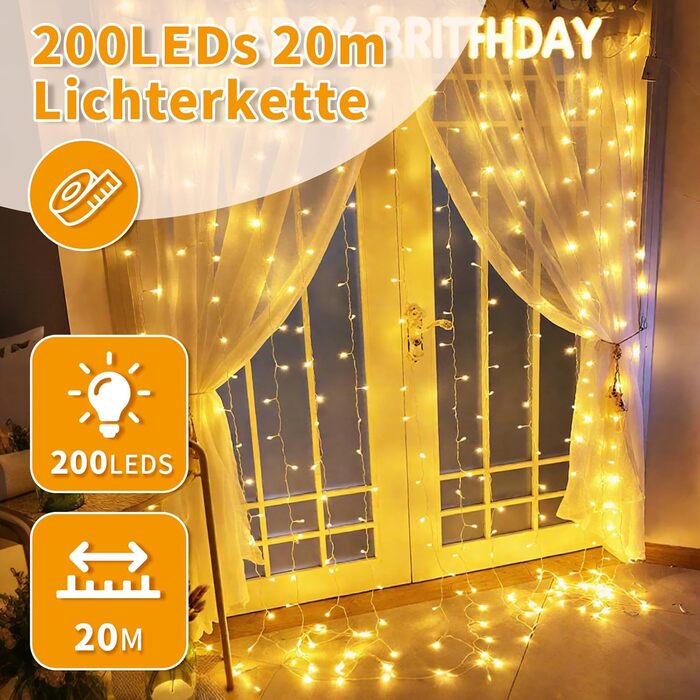 LED гірлянда 20 метрів, 200 LED, тепле біле світло, 8 режимів, таймер, пульт, IP44, для декору саду, вечірки, весілля, Різдва