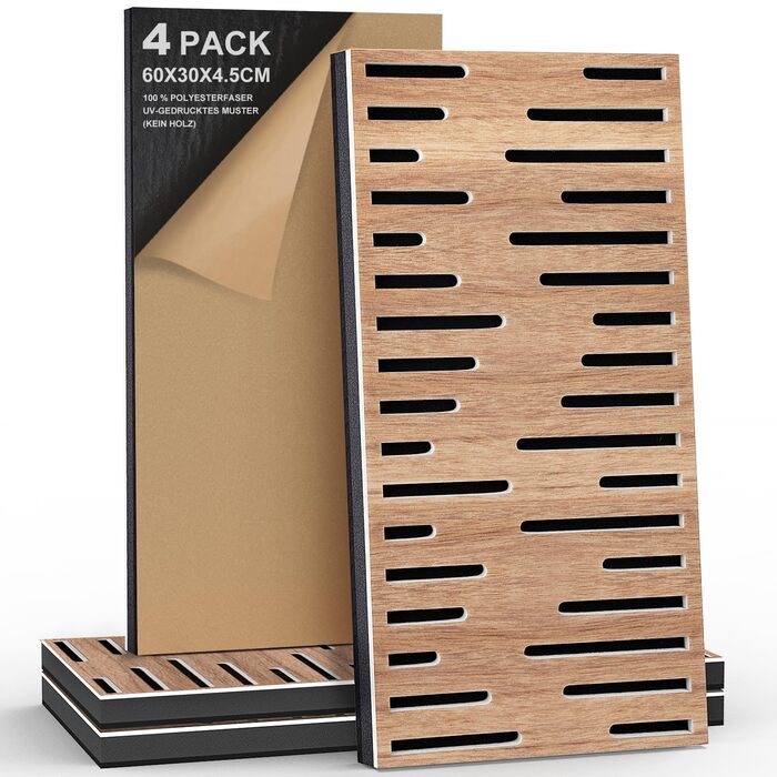 Акустичні панелі JBER для звукоізоляції стін, самоклеючі плити з імітацією горіха (4 шт), 60×30×4.5 см, тришарові декоративні панелі для студії звукозапису