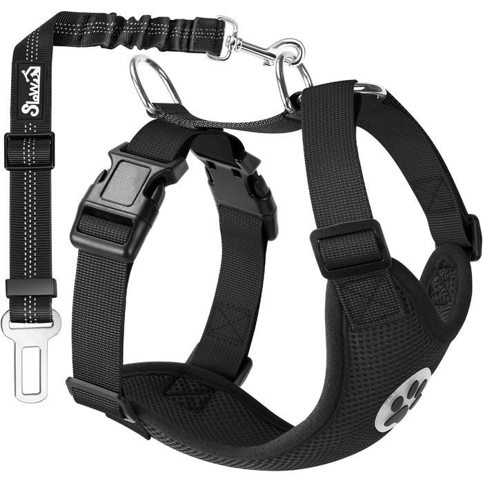 Шлейка для собак SlowTon з кріпленням для автомобіля, чорна, розмір M. Двошаровий дихаючий матеріал, підходить для повсякденних спортивних активностей.