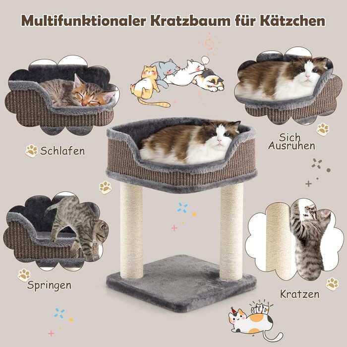 COSTWAY Cat Tree Small, Cat Tree with Large Plush Seat, Wooden Cat Scratching Post, Cat Cat Furniture Climbing Tree, Activity Tree Play Tree, Natural Sisal Tower with Scratching Posts (Gray)