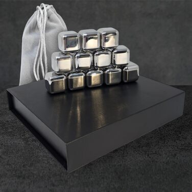 Камені для віскі Com-Four® з нержавіючої сталі - подарунчий набір (12 шт.) з мішечком та коробкою