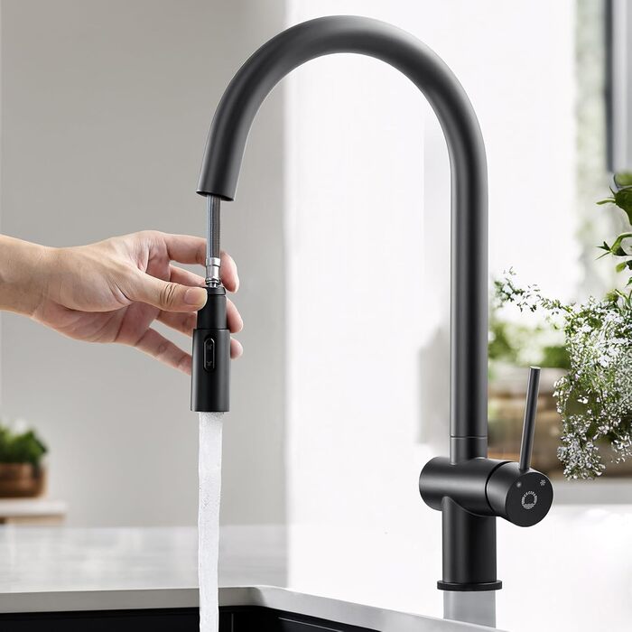 Чорний кухонний змішувач CECIPA SOFETIY SERIE з висувною лійкою, 360° поворот, нержавіюча сталь, 2 режими струменя