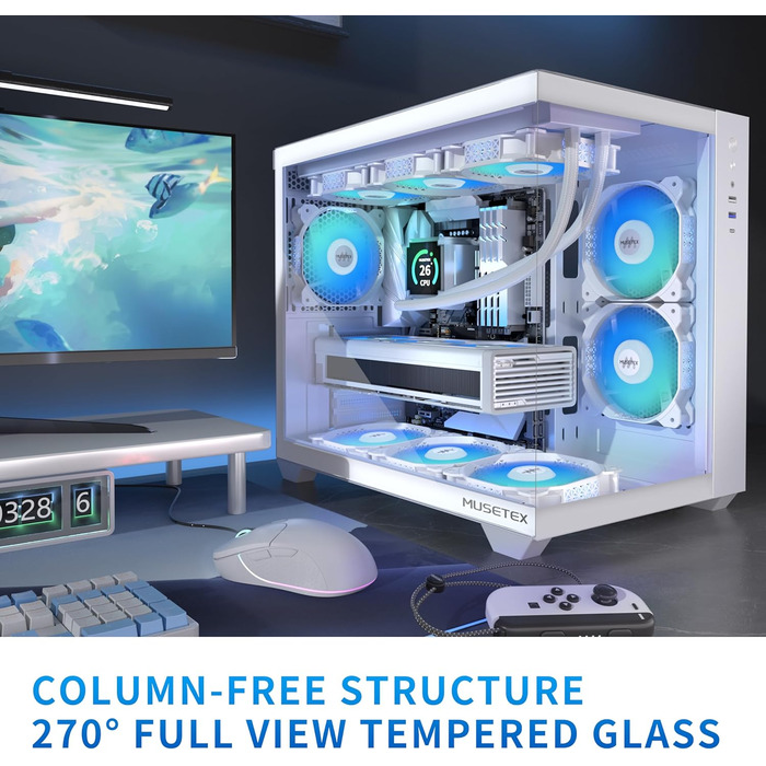 Корпус ПК ATX MUSETEX Y6 з 6 PWM ARGB вентиляторами, підтримка 360мм радіатора, Type-C, скляна панель 270°, білий