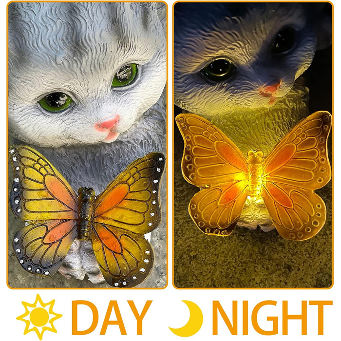 Cat Figurine Garden Decor Cat Garden Decoration Butterflies Solar Lights for Outdoors Balcony Garden Decoration Courtyard Layout Cute Cat Top Butterfly Ornaments Resin Solar Lights (gray)