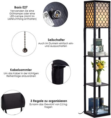 Стельова лампа RELAX4LIFE з 3 полицями, 26 x 26 x 160 см, чорна (Модель 2)