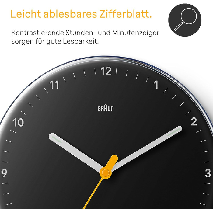 Braun Classic Analog Wall Clock with Silent Quartz Movement, Easy to Read, 23 cm Diameter in Black, Model BC26B.