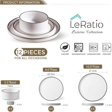 Набір посуду LeRatio для 6 осіб, 18 предметів, керамічний, стійкий до подряпин, білий з чорним контуром
