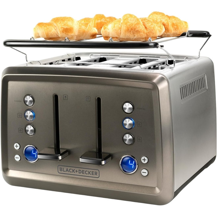 Тостер BLACK+DECKER BXTO1960E з цифровим керуванням, 1960 Вт, 4 слоти, 6 рівнів підсмажування, функції: стоп, підігрів, розморожування, автоматичне центрування, підігрівач для бутербродів