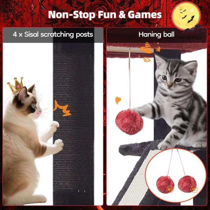 Драбина для котів Taoqimiao Klein, 98 см, з будиночком, корзиною, 4 стовпчиками для шліфування та іграшками, MS029SW (Чорний + Червоний)