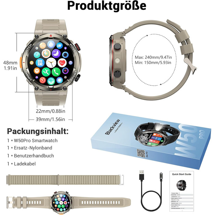 Смарт-годинник Blackview Khaki: IP68, 100 днів роботи, компас, Bluetooth-дзвінки, моніторинг серця та сну, 100+ спортивних режимів, сумісний з Android/iOS