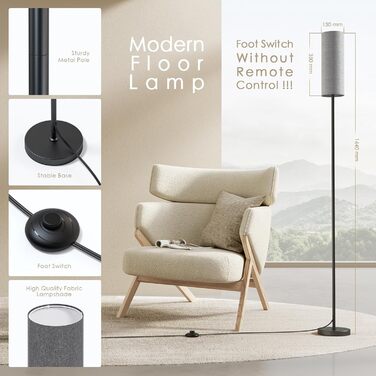 Світлодіодна торшерна лампа 9W з регулюванням яскравості, 3 колірні температури, тканинний абажур, вимикач на нозі, вінтажний дизайн, сірий колір