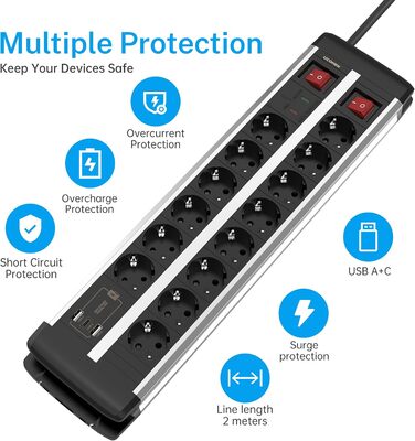Мережевий фільтр Ucomen 10-фазний з USB та захистом від перенапруги (3680W 16A) для комп'ютерних столів, 20W USB-A та USB-C зарядка, кабель 1.5м