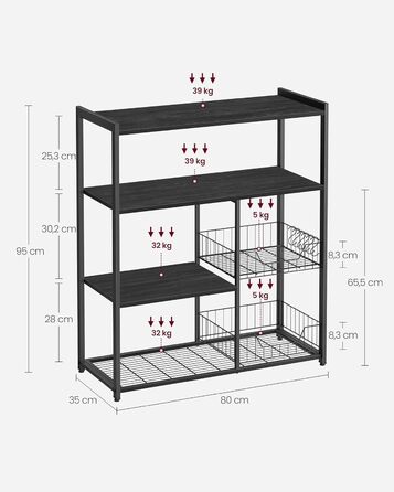 Стелаж кухонний VASAGLE з 2 металевими кошиками, з гачками та полицями, для мікрохвильової печі, 35 x 80 x 93,5 см, золотий дуб + білий (KKS096W09)
