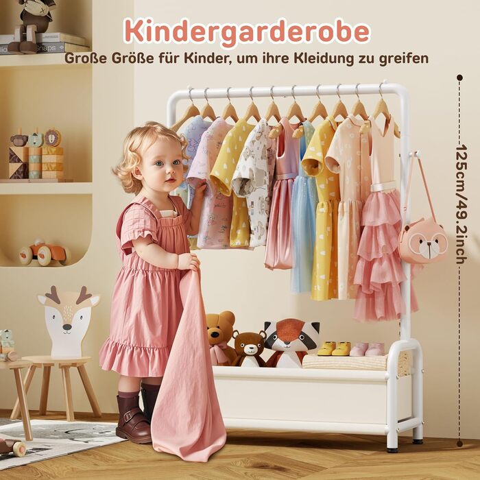 Дитяча вішалка для одягу Kinder Garderobe 80x30x125 см, біла. З гачками та кошиком для зберігання, U-подібна основа.