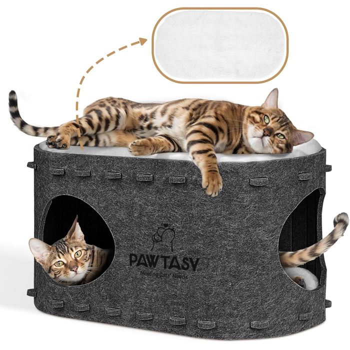 Cat Cave Felt Cat Bed, Cave Cat House for Indoor Cats, Cave with 2 Soft and Warm Cushions, Winter-Proof, Protects Cat Claws, 58W x 33D x 30H cm, (Dark Grey)