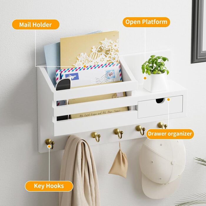 Настінна органайзер для ключів з 6 гачками та шухлядою, дерев'яна полиця для ключів, настінний тримач для ключів, для прихожей, вітальні, офісу (білий)