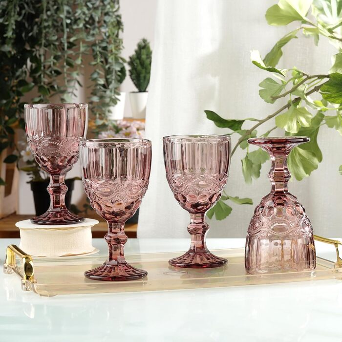 Joeyan Lila Vintage Wine Glasses with Embossed Design, Colored Relief Red Wine Glasses White Wine Glasses, Drinking Glasses, Goblet Glasses, Wine Goblet for Wine Juice Drinks, 300 ml, Set of 4, Dishwasher Safe