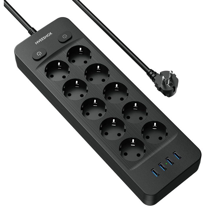 Мережевий фільтр NVEESHOX з 10 розеток, 3 USB-A та 1 USB-C (20W PD), з індивідуальними вимикачами, захист від перенапруги, 2м, для дому та офісу (Чорний)