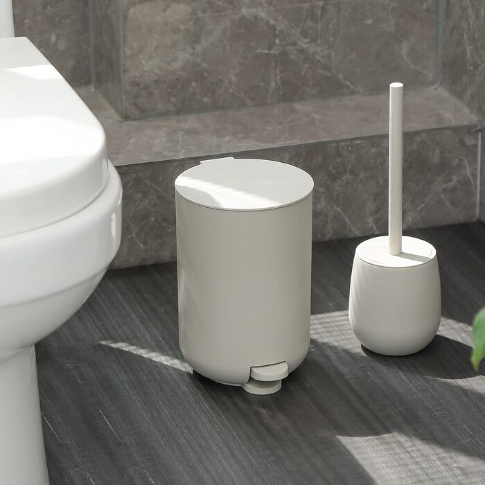 GAHEFY Badset Badezimmer Zubehör Set Beige, Badausstattung Sets Deko, 5-teiliges Bad Set - Seifenspender, Zahnbürstenhalter, Schminktablett, Klobürste und Mülleimer Set für Bad (Beige)