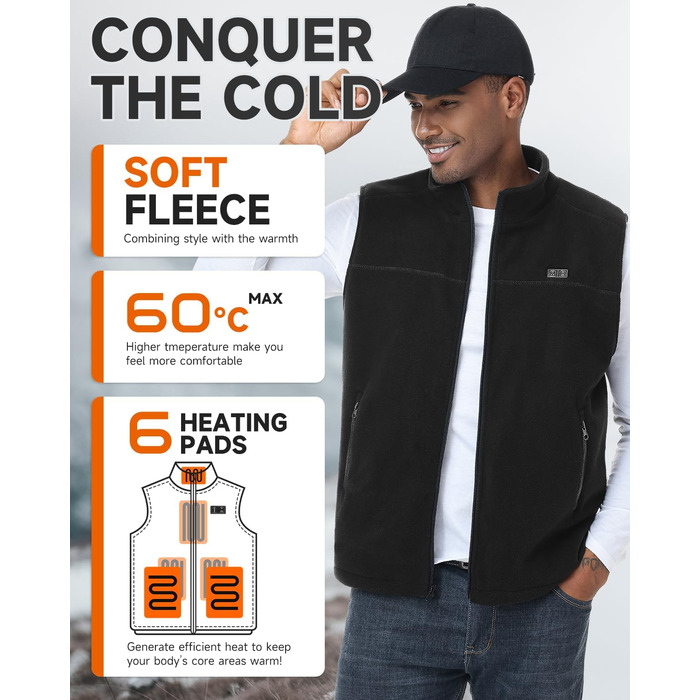 Обогреваемая жилетка LABCOOL для мужчин и женщин - жилетка з мікрофлісу з 6 зонами нагріву та 3 рівнями температури - USB-живлення з Powerbank 10000mAh - можна прати в пральній машині, чорний, розмір M