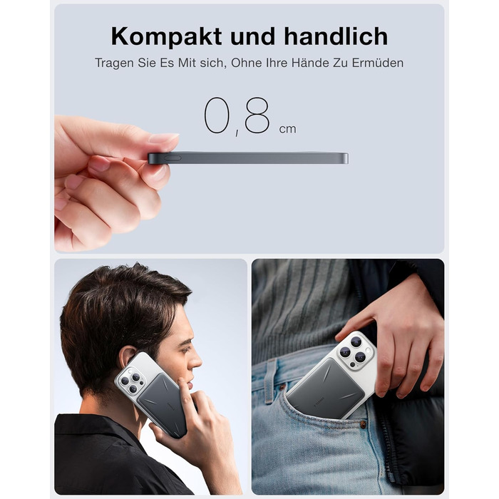 TORRAS MagPro Power Bank 5000mAh: Бездротова М'ягка Зарядна Батарея для iPhone з MagSafe, USB-C, Сірий