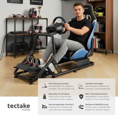 Ігровий симулятор Sim Racing Cockpit tectake® для Fanatec, Logitech, Thrustmaster, регульоване гоночне крісло GT-Style, сталевий каркас, до 120 кг (Чорний/Лазурний)