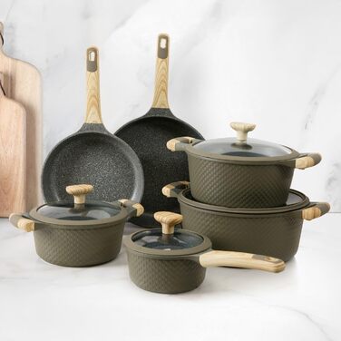 Набір посуду KASANOVA Bambù з антипригарним покриттям, 10 предметів, індукція, скляні кришки (Зелений)