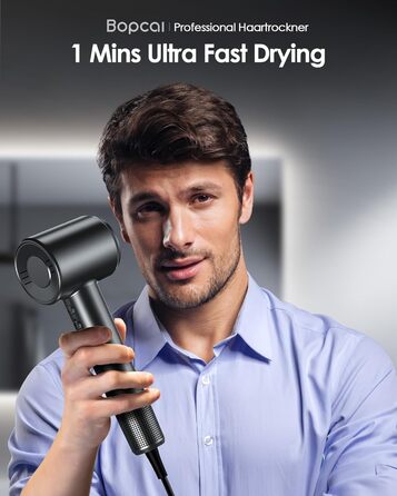 Іонізатор волосся Bopcal, 160000 об/хв, 500 млн іонів, з насадкою-дифузором, професійний фен для дому, салону, подорожей, 12 режимів, чорний