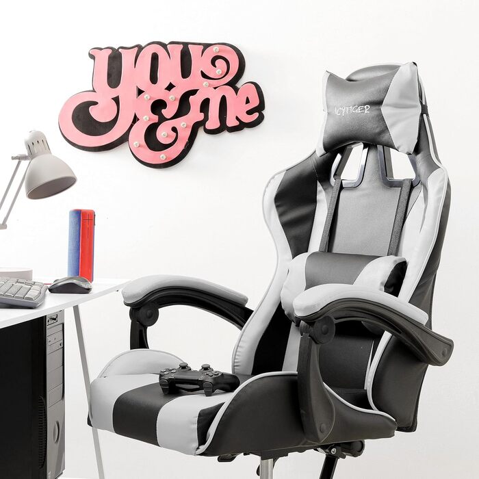 Ігрове крісло Baroni Home Gaming — ергономічний офісний стілець з підголівником, поперековою підтримкою та регульованою спинкою, білий
