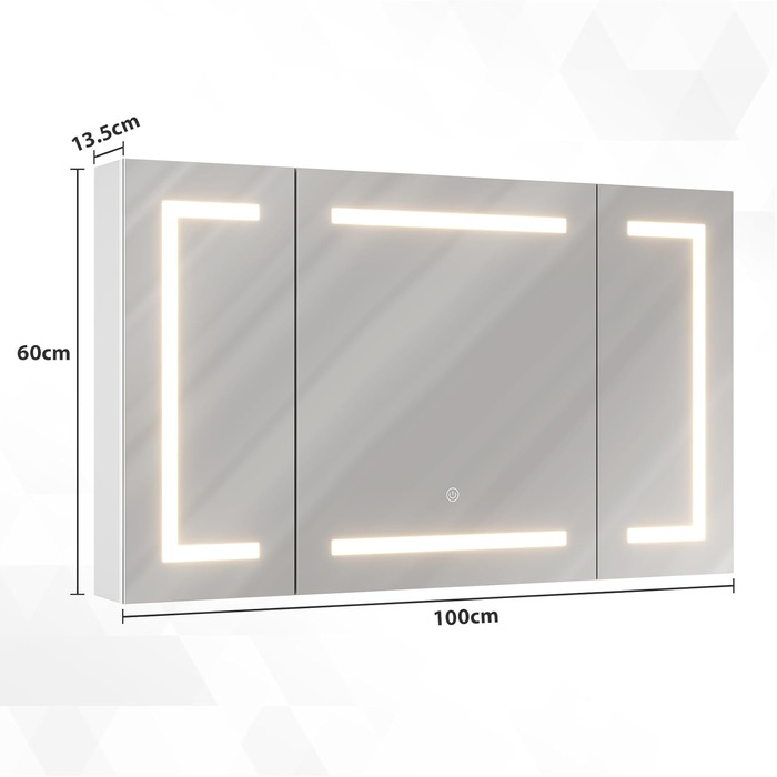 Дзеркальна шафа для ванної кімнати Dictac з LED-підсвічуванням та розеткою, 100x60x13.5 см, метал, полиці, 3 колірні температури, диммування, сенсорний вимикач, білий