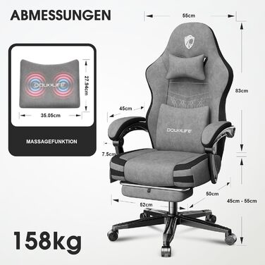 Крісло геймерське Douxlife з масажем, розширене сидіння, ергономічне, для офісу та дому, 158 кг, сірий (світло-сірий)