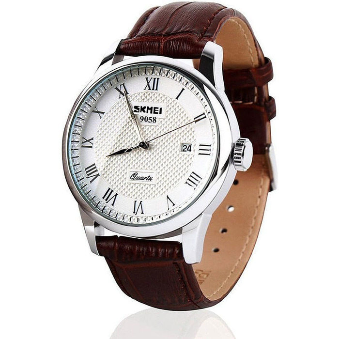 SKMEI чоловічий годинник з римськими цифрами та шкіряним ремінцем, аналоговий кварц (сріблястий)
