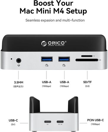 ORICO MiniDock: Док-станція та підставка для Mac mini M4/M4 Pro з корпусом для NVMe SSD, хаб USB-C з 4K HDMI, DisplayPort, SD/TF 3.0, USB-C/A 10Gbps, PD 100W - VS10 (6-in-1, 2TB)
