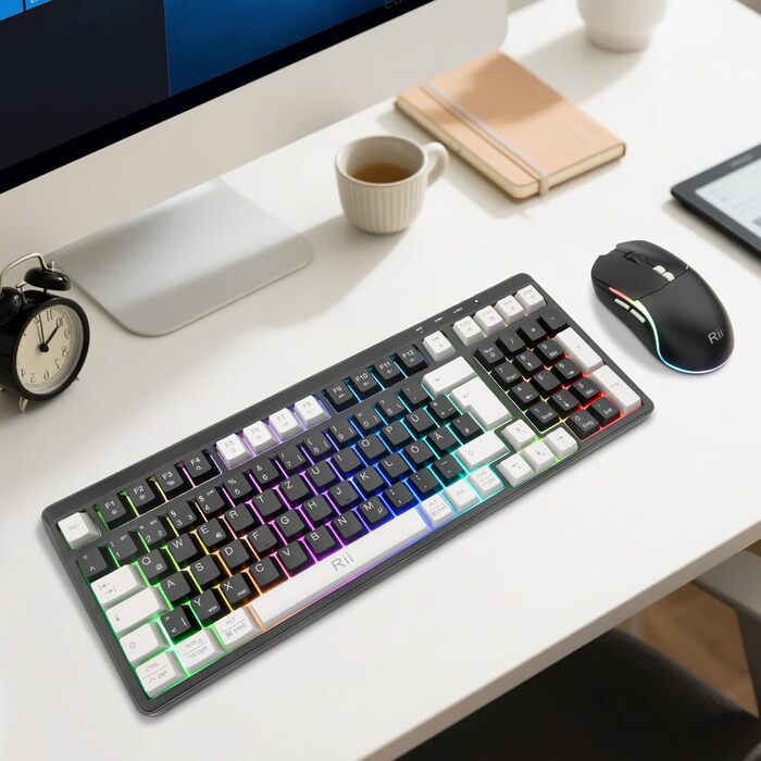 Бездротовий ігровий комплект клавіатури та миші Rii: Bluetooth + 2.4GHz, LED-підсвітка, QWERTZ