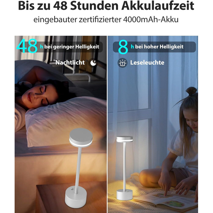 LED настільна лампа з акумулятором, бездротова, з торшером, повне алюмінієве тіло, 3 режими регулювання яскравості, акумулятор 4000mAh, тепле світло 3000K, для обіднього столу, вітальні (срібна)