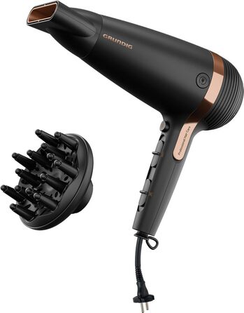 Фен для волосся Grundig Naturashine HD 7081, 2100 Вт, з іонізацією, керамічним покриттям з макадамією та кокосовою олією, автоматичним змотуванням кабелю, чорний/рожеве золото