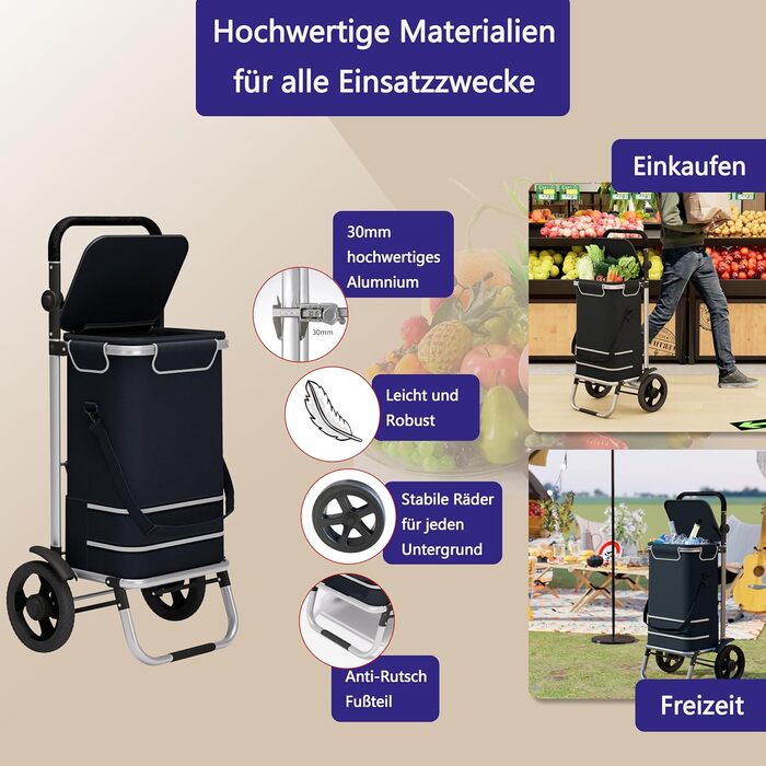 Великий колісний візок для покупок 64L, розкладний, до 60кг, з відділенням-холодильником, з відбивачем, чорний