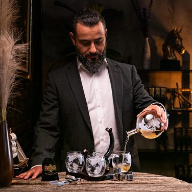 Whiskey Carafe Set - Whiskey Gift Set - Gifts for Men - Men's Gifts Gift - Birthday Gift for Men - Globe Decanter 900ML, Gift Box, 4 Whiskey Glasses, 4 Whiskey Stones