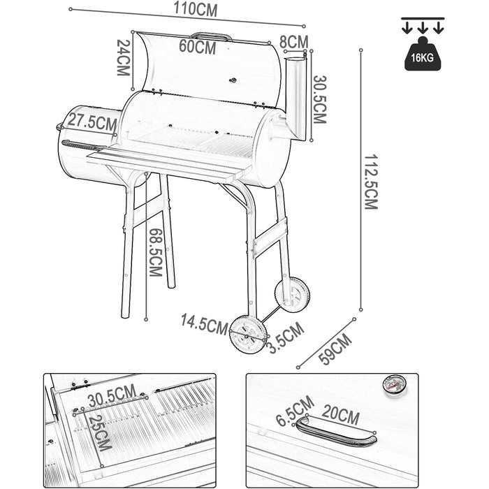 Гриль на вугіллі з кришкою Griller Outdoor, металевий гриль-вагон із колесами та робочою поверхнею, чорний садовий гриль для кемпінгу