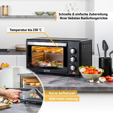 Міні-піч TZS First Austria 30L з регулюванням температури до 230°C, таймером 60 хв, 3 рівнями та решіткою для гриля - для невеликих кухонь та кемпінгу