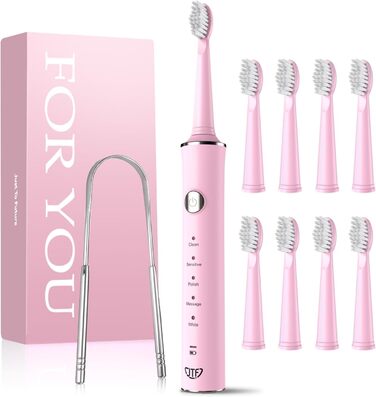Електрична звукова зубна щітка JTF для дорослих, рожева – 5 режимів, 45 днів роботи, 8 насадок, IPX7, таймер, для подорожей. Преміум набір для сім'ї + скребок для язика