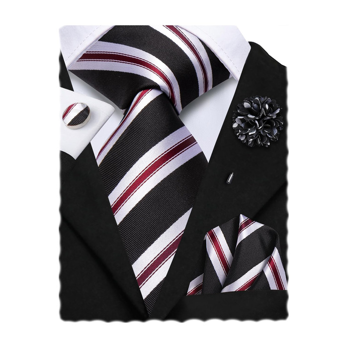 Набір краваток для чоловіків Hi-Tie: краватка, нагрудна хустинка, затискач, запонки, формальний шовк (чорний, білий, червоний, в смужку)
