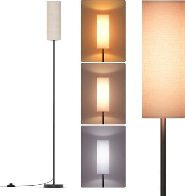 Світлодіодна торшер 9W з регулюванням яскравості, 3 колірні температури, Е27, абажур з льону, вимикач на ніжці, вінтажний стиль, сірий колір