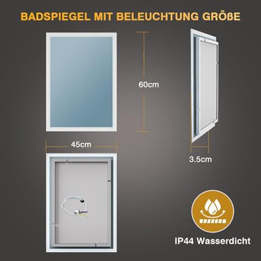 Дзеркало для ванної кімнати з підсвічуванням 50x70 см, LED, антизапар, 2 кольори світла (3000K/6500K), прямокутне, без рами