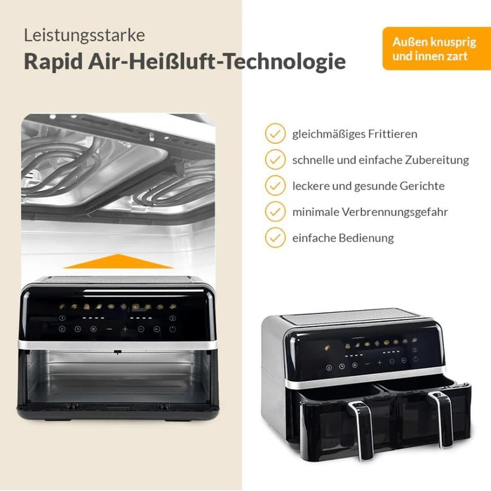 Фритюрниця Sifuplex ASF90 Duo 9L з подвійними кошиками (2 x 4.5L), 10 програм, Rapid-Air, сенсорний екран, 90% менше жиру, для смаження, випікання, розморожування